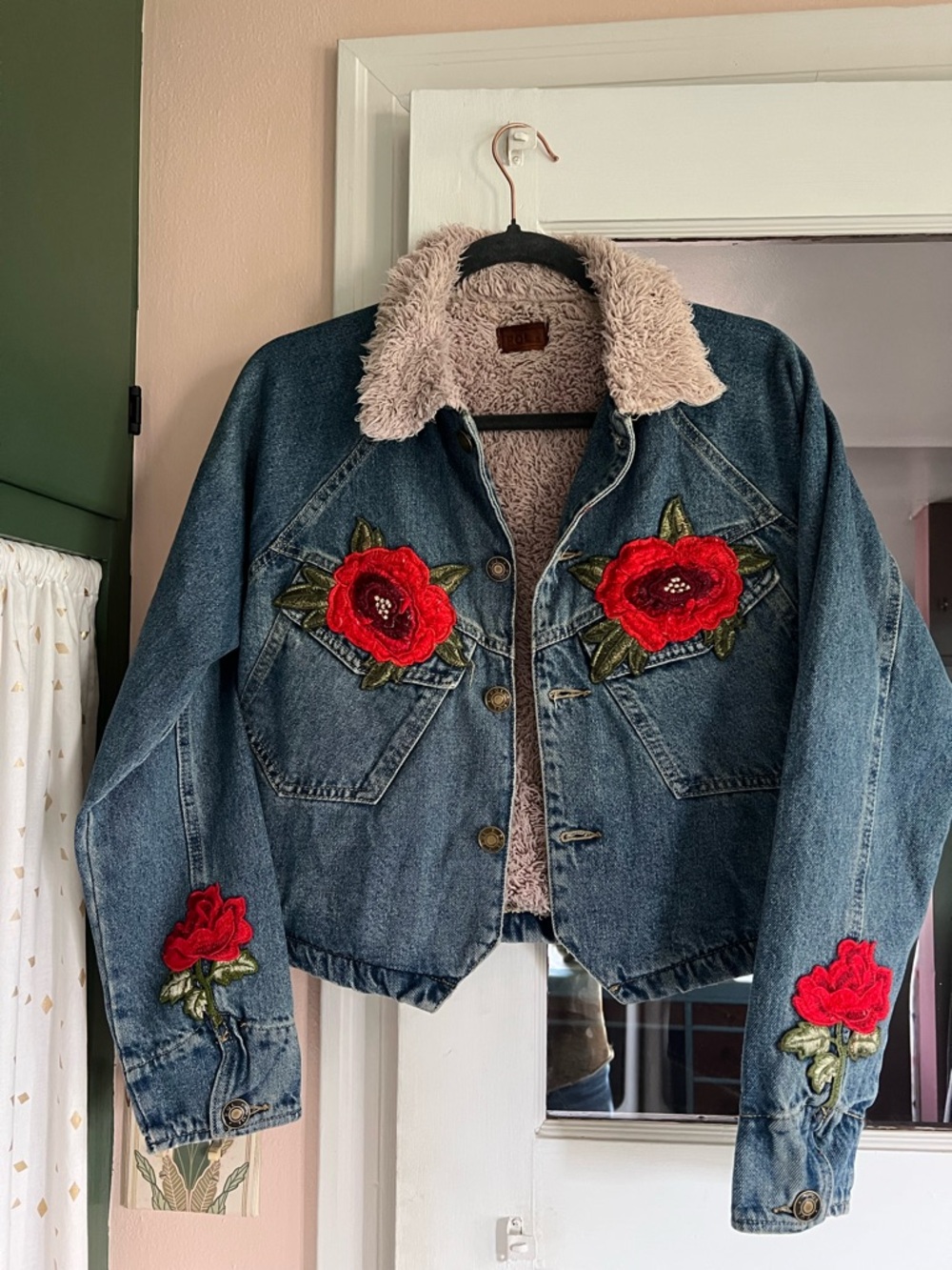 POL Blue Denim Jacket with Red Floral Appliqué and Cream Sherpa Collar & Lining